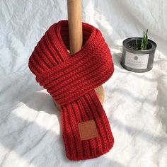 a red knitted scarf hanging from a wooden pole next to a potted plant