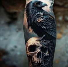 a black bird sitting on top of a skull next to a human skull with a raven perched on it