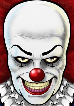 a creepy clown with red hair and white teeth