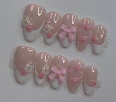 Princess Core Nails, Cute Almond Acrylic Nails, Cute Hello Kitty Nails, Nail Almond, Nail Long, Bow Nails, Nails 3d, Long Stiletto