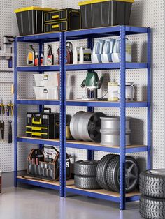 a blue shelving unit filled with tires and other items