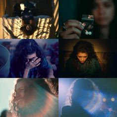 several different images of people with cell phones and light shining through them, including one woman holding a phone