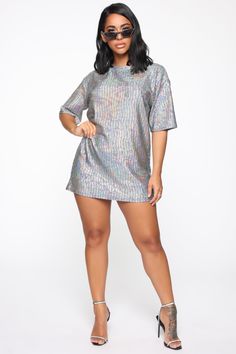 Available In Hologram Crew Neck Oversize Short Sleeve Tunic Dress Wave Pattern Foil Unlined Stretch 44% Nylon 42% Polyester 9% Metallic 5% Spandex Imported | Making Memories T-Shirt Dress in Iridescent size XS by Fashion Nova Stephanie Rao, Fashion Nova Models, Short Sleeve Tunic, Loungewear Women, Xl Fashion, Mini Shirt Dress, Curve Dresses, Wave Pattern, Womens Loungewear