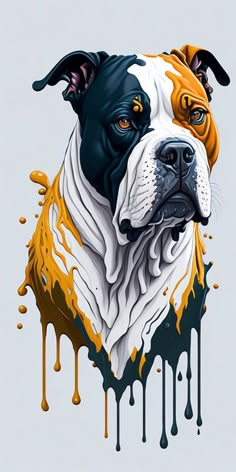 a painting of a dog's face with orange and white drips on it