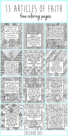 an adult coloring book with the title'13 articles of faith free coloring pages '