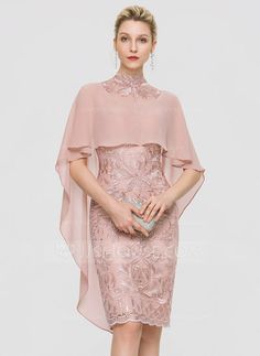 [€ 94.00] Forme Fourreau col haut Longueur genou Dentelle Robe de cocktail (016197117) Gaun Koktail, Cocktail Dress Classy, Dress With Cape, Chiffon Cocktail Dress, Cocktail Sauce, Lace Cocktail Dress, Pink Cocktail Dress, Cocktail Dress Wedding, Dresses Chiffon