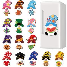 a refrigerator with many magnets on the front and back of it, all decorated in different colors