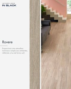 an image of a living room with wood flooring in black and white text that reads rovere