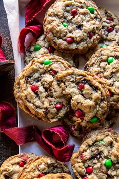 chocolate chip cookies with m & m sprinkles and candy on the top