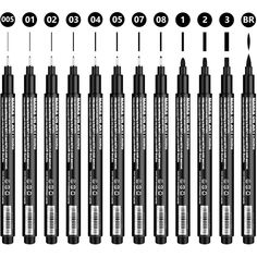 the different types of eyeliner pencils are shown in black and white, with numbers on