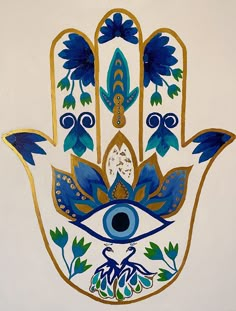 a painting of a hamsa with blue and gold designs on it's palm