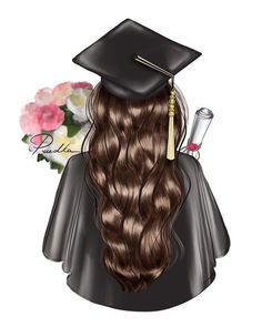 a drawing of a woman with long hair wearing a graduation cap and gown, holding a bouquet of flowers