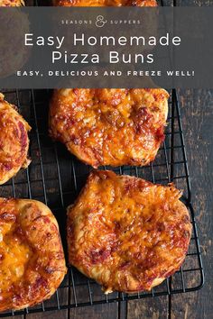 homemade pizza buns on a cooling rack with the words easy homemade pizza buns