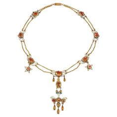 An antique Georgian period gold and foiled citrine festoon necklace comprised of seven winged ornaments with white and green dotted enamel and two star pendants, culminating in a stylized bird pendant set with emeralds and a pink topaz, in 18k. France * Includes letter of authenticity for insurance purposes * Free shipping * Please do not hesitate to request photos of specific details or of this exquisite period necklace on a live model. Georgian Jewelry 18th Century, Jewelry 18th Century, Nymeria Sand, Gregor Clegane, Elia Martell, Eldest Sister, Stylized Bird, Oberyn Martell, Festoon Necklace