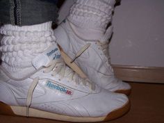 80s Slouch Socks, Scrunchy Socks, 80s Reebok, Slouchy Socks, Reebok Princess, Kickin It Old School, Reebok Freestyle, Pegged Jeans, Slouch Socks