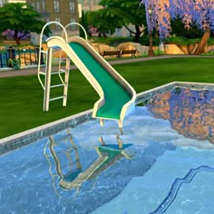 a water slide in the middle of a swimming pool