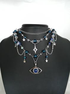 Blue Hematite beads, raw lapis lazuli crystals and a zircon and lapis lazuli eye pendant are used in this stunning fairy necklace. * Handmade by me * Chains, intermediate apparatus and wires are resistant to darkening. *The necklace is approximately 35 cm long. * The chain sits about 35 cm and adjusts up to 40 cm. (Can be made in different size according to your request.) This necklace can be a great gift for your loved ones. I will pack it carefully for you and I can write the note you want. Please message me if you have any questions. Check out my store for more unique necklaces; https://www.etsy.com/shop/OpisDesign 90s Whimsigoth Jewelry, Fairy Grunge Jewelry, Handmade Necklace Ideas, Whimsigoth Jewelry, Grunge Chokers, Etsy Necklace, Necklace Fairy, Bijoux Art Nouveau, Necklace Evil Eye