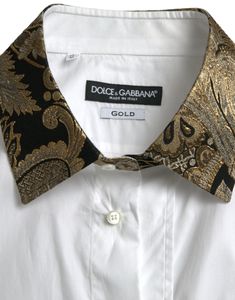 DOLCE & GABBANA Absolutely stunning, 100% Authentic, brand new with tags Dolce & Gabbana GOLD cotton shirt. The model has a classic neck, long sleeves and a button down closure. Model: GOLD dress shirt Fitting: Slim fit Material: 90% Cotton 4% Acetate 2% Nylon 2% Polyester 2% Silk Color: White with gold and black jacquard collar and cuff Full front button closure Logo Details Made in Italy Formal Gold Dress, Gold Dress Shirt, Men Kurta, Silk Shirts, Jacquard Shirt, Dolce E Gabbana, Wedding Outfits, White Shirt Dress, Dolce And Gabbana Man