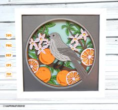 a card with oranges and a bird on it