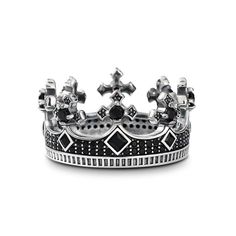 Jeulia "Be My Queen" Black Crown Sterling Silver Women's Band - Jeulia Jewelry Wedding Bands For Couples, Stone Crown, Delicate Wedding Ring, Royal Rings, Ring Crown, Crown Silver, Mens Earrings Hoop, Signet Ring Men, Black Crown