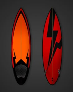 two surfboards with different designs on them, one is red and the other is orange