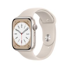 the apple watch series 5 is shown in white and has a beige band with red accents