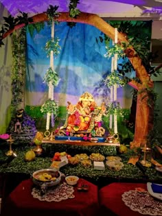 a gandap is set up with food and decorations