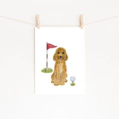 a brown dog sitting on top of a green field next to a red flag