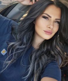 Dark Brown Hair With Peak A Boo Blonde, Summer Hair For Dark Hair, Dark Hair Peekaboo Highlights, Inosuke Hair, Dark Hair With Silver, Black Hair With Ash Highlights, Jet Black Hair With Highlights, Black Hair Balayage, Dark Brunette Hair