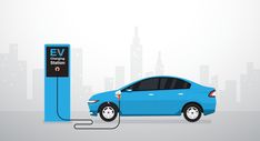 a blue car is plugged into an ev charging station