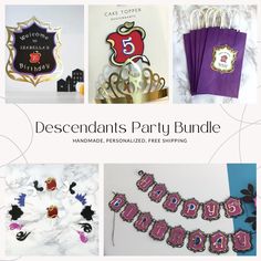 a collage of birthday decorations and party supplies with the words descendants party bundle