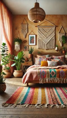 a bed room with a neatly made bed and potted plants