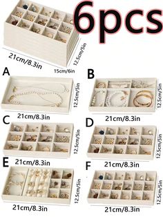 six different types of jewelry are shown in the box and labeled with their measurementss