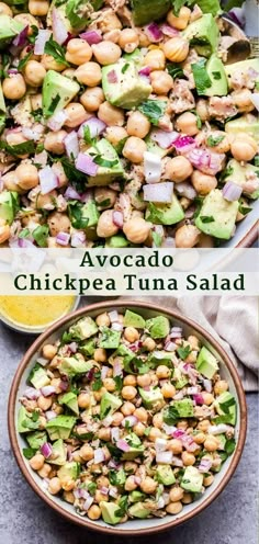 a bowl filled with chickpea tuna salad next to another bowl full of vegetables