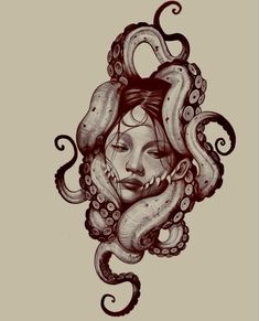 a drawing of a woman with an octopus head on her face and tentacles around her neck