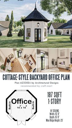 the cottage - style backyard office plan is now available for purchase by architectural design firm