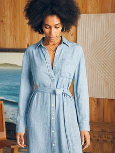 Think of a classic chambray shirt dress, but super light and super soft. With classic work shirt styling, this belted dress is a must-have for any casual-cool wardrobe. Indigo long-sleeve shirt dress with belt single patch pocket at chest 30% Linen, 70% TENCEL™ Lyocell, Agoya Shell Button Fit: Relaxed fit. Length: 47 1/2" Garment Care: Turn inside out. Machine wash cold with like colors. Gentle cycle. Do not bleach Lay Flat to Dry. Cool iron if needed Faherty Brand, Shirt Styling, Women Dress Collection, Chambray Shirt Dress, Blue Dress Women, Swimwear Bottoms, Dresses Dresses, Chambray Dress, Flattering Dresses