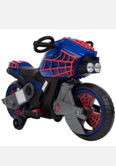 a toy motorcycle with spider - man wheels on it