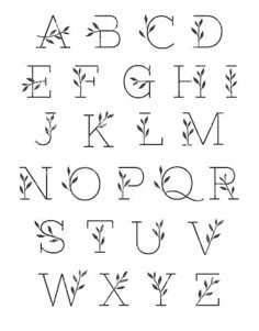 the alphabet is made up of leaves and letters, all in black on a white background