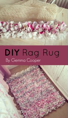 a bed with pink and white ruffles on it, and the words diy rag rug