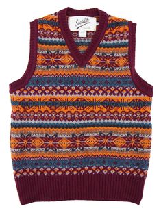 "This pure Scottish wool knit tank top is a high-quality and durable investment piece for your vintage wardrobe. This knit tank top was designed by us here at Revival Vintage and produced exclusively for our Socialite label by Harley of Scotland. Harley were established in 1929 and have an impressive heritage in knitting Fairisle pieces: each piece is sustainably hand produced with a zero-waste method, using 100% high-quality Scottish yarns which are sourced and spun locally in Aberdeenshire. The end product is an incredible piece of knitwear featuring carefully realised Fairisle patterns, which makes them the perfect authentic choice for the discerning vintage enthusiast. These knits are sure to keep you warm in colder weather and last for years to come. This particular style is a sleevel Retro Outfit Men Vintage Style, Retro Knitted Sweater Vest For Winter, Vintage Red Knitted Tops, Red Vintage Knitted Sweater, Vintage Red Sweater Vest For Fall, Red Vintage Sweater Vest For Fall, Vintage Multicolor Sweater Vest For Winter, Multicolor Vintage Sweater Vest For Winter, Retro Outfits Men Vintage