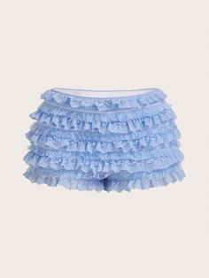 Baby Blue Casual Collar  Knitted Fabric Plain Track Shorts Embellished Slight Stretch Summer Women Clothing Frilly Shorts Outfit, White Ruffle Shorts, Ruffle Shorts Outfit, Frilly Shorts, Ruffled Shorts, Sparkly Shorts, Frill Shorts, Ruffle Bloomers, Shein Icon