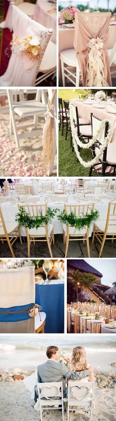 the collage shows several different chairs and tables with flowers on them, one is empty