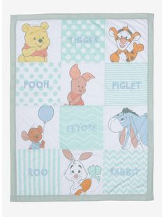 the winnie the pooh blanket is on display in front of a white background with blue and