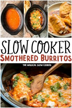 slow cooker smothered burritos in a crock pot with text overlay