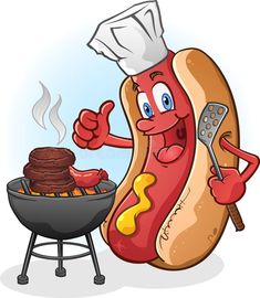 a hot dog on a grill with a chef's hat and spatula giving the thumbs up