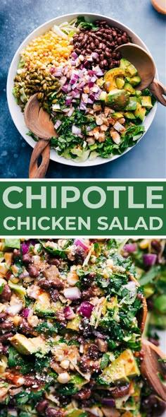 two pictures with different types of food on them and the words chipotle chicken salad