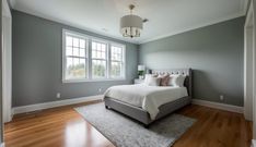 a bedroom with gray walls and white bedding, hardwood floors, and a chandelier