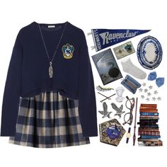 a woman's outfit with harry potter badges, books and other items on display