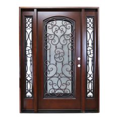 a wooden door with glass panels and wrought iron designs on the side panel, in dark wood